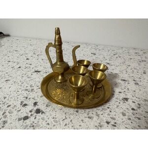 Brass Liqueur Set Decanter Cups Tray Vintage Middle Eastern Style Decorative